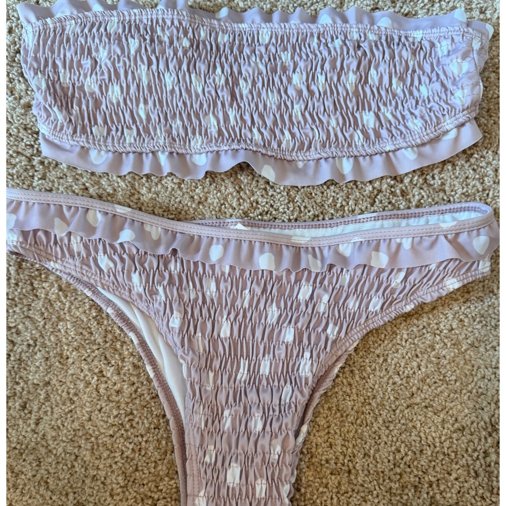 Lavender Polka Dot Smocked Bandeau Ruffle Bikini Set Large